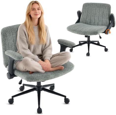 VINGLI Criss Cross Chair with Adjustable Flip-Up Arms,Cross Legged Chair with Wheels, Extra Wide Office Chair,Cozy Desk Chair for Home Office, Vanity, Apartment,Chenille Velvet,Dark Green