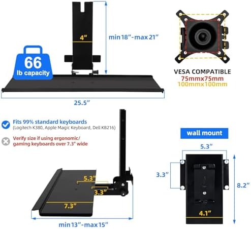Monitor Wall Mount with Foldable Keyboard Tray for Mac mini/Small PCs Monitor and Keyboard Mount | 26" Curved Platform w/Mouse Space | Holds 17"-32" Screens-Black