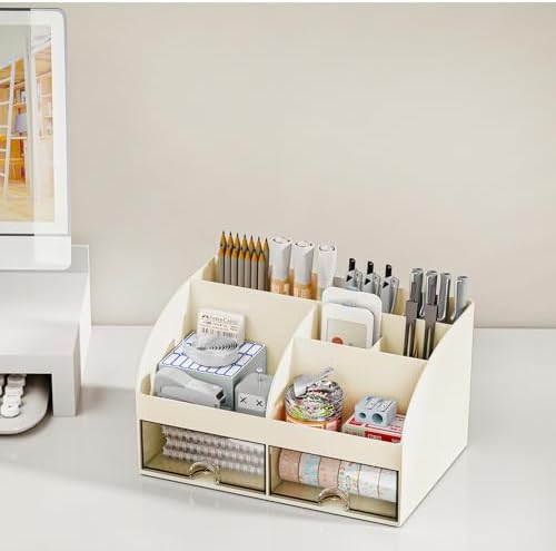 COMFYROOM Desk Organizer with 6 Compartments and 2 Drawers, Plastic Makeup Organizer, Pen Holder for Desktop Storage, Desk Organization for School, Home, Office Supplies (Ivory)