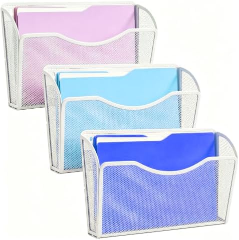 Gawerk Mesh Hanging Wall File Holders, Metal Vertical Wall Basket Mail Organizer for Office/Home (White, 3 Pack Wall Mounted)