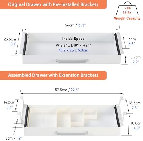 Under Desk Drawer 21" with 4 Divider Trays, Storage Drawer Organizer
