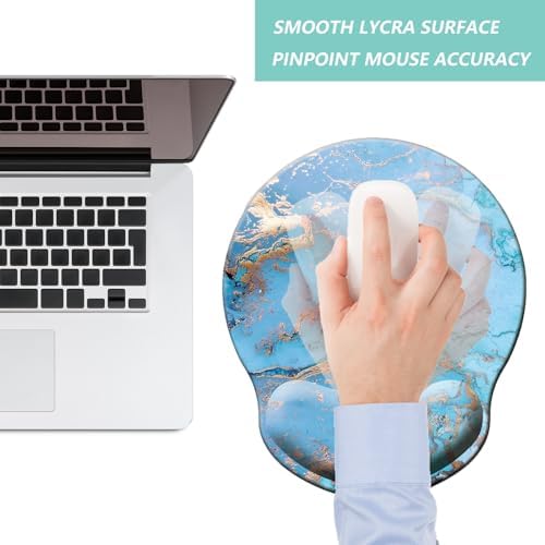 Mouse Pad with Wrist Support, Ergonomic Mouse Pad with Memory Foam Wrist Rest Cushion, Non-Slip Rubber Base Gaming Mice Pad for Home Office Computer Laptop, Sky Blue Marble