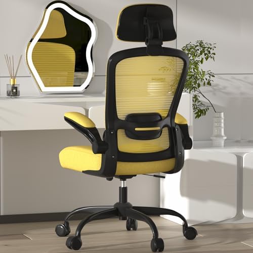 Mimoglad Office Chair, High Back Ergonomic Desk Chair with Adjustable Lumbar Support and Headrest, with flip-up Armrests for Guitar Playing, 5 Years Warranty (Modern, Vivid Yellow(Black Frame))