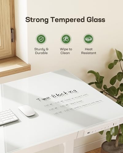Marsail Glass Standing Desk with Drawer,55 x 28 inch Electric Standing Desk, Adjustable Height Desk with Storage & USB Charging Ports, One-Piece Standing Desk for Home & Office, White