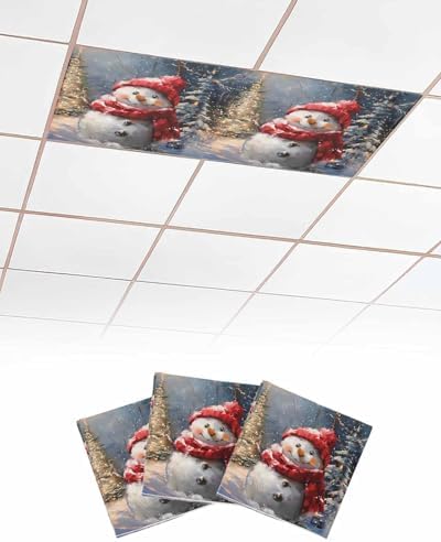 Red Snowman Magnetic Fluorescent Light Covers for Ceiling Lights 2 x 4 Feet,Christmas Tree Rustic Forest Painting Office Classroom Kitchen Drop Ceiling Light Covers Filters Shade Panel 3 Packs