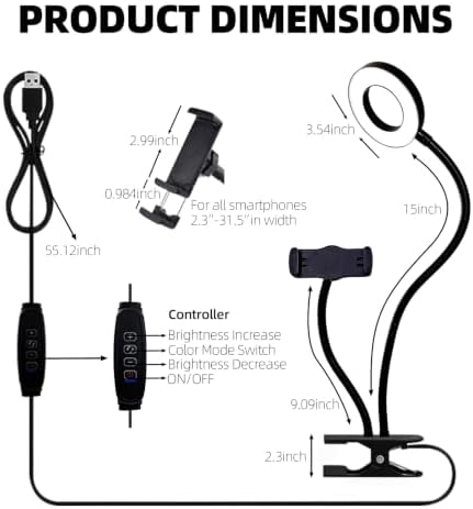 Clip on Light with Phone Holder, Reading & Selfie Light Aluminum Arm