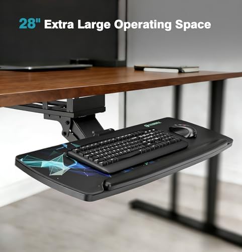 Keyboard Tray Under Desk with Storage Drawer, Height Adjustable Keyboard Tray Slide Out 360° Swivel Tilt, Ergonomic Under Desk Mount Keyboard & Mouse Pad Lighting for Gaming Home Office