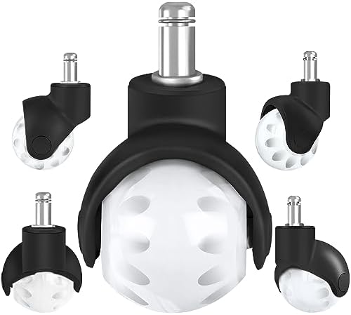 Office Chair Wheels Replacement 2 Inch Rubber Ball Caster Wheels for Wood Floor Carpet Mats, Set of 5, Heavy Duty Desk & Gaming Chair Casters 7/16" (11mm) Grip Ring Stem, Quiet Smooth Rolling (White)
