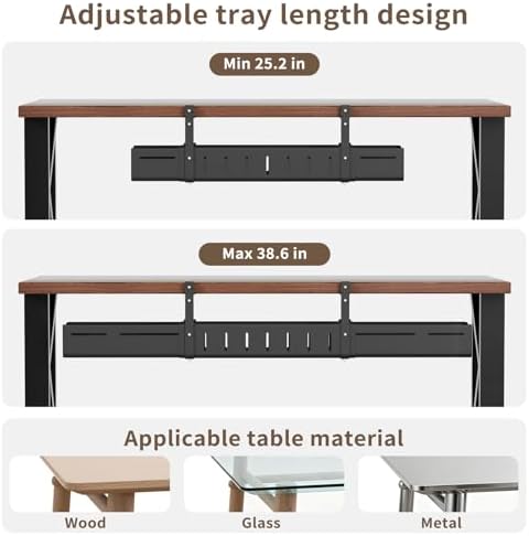Under Desk Cable Management Tray, Expandable 25.2"–38.6" Cable Tray,Black