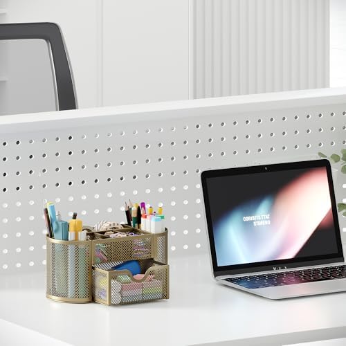 EasyPAG Mesh Pen Holder Desk Organizer with Drawer Stationery Supplies Organizer for Dorm School 9 Compartments Workspace Desk Accessories Organization for Office, Gold