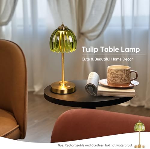 Shenmoyl Tulip Table Lamp with 5000mAh Battery & Touch Control, Cordless Table Lamp with 3 Colors, Dimmable Rechargeable Table Lamps for Bedroom, Nightstand, Living Room, Entryways (Green Tulip)