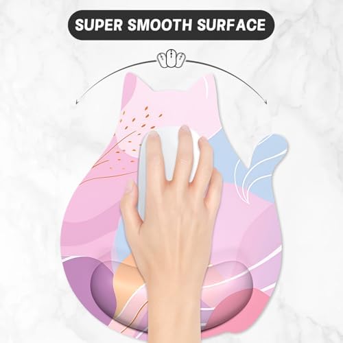 Ergonomic Mouse Pad with Wrist Rest, Cute Cat Memory Foam Padded Pain Relief Non-Slip Wrist Support Mouse Mat for Gaming Work Computer Laptop, Funny Office Supplies Desk Accessory, Pink Art