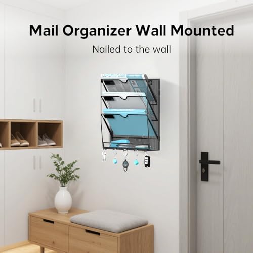 4-Tier Wall File Organizer and Mail Organizer with 5 Hooks, 2 Pack