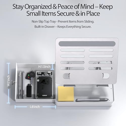 Laptop Stand with Storage Drawer, Adjustable Laptop Riser for Desk, Silver