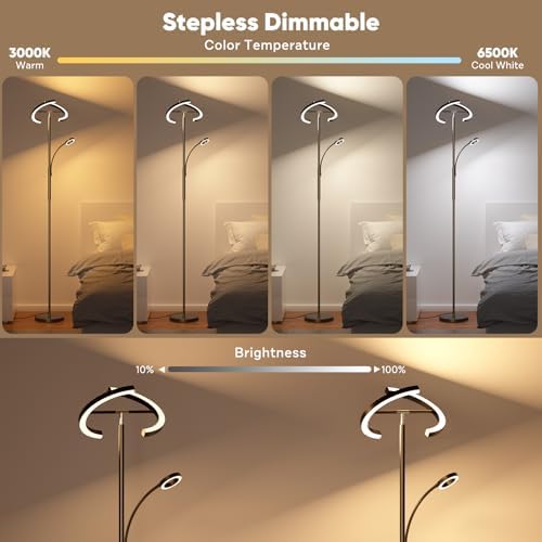 SIBRILLE Upgraded 36W RGBCW Floor Lamp with Ring Reading Lamp, Rotatable Remote Control LED Standing Lamp Dimmable Floor Light Modern Standing Light for Living Room Bedroom Home Office, Black