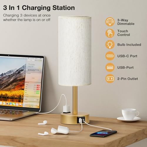 Touch Bedside Table Lamps Set of 2 - Bedroom Lamp with USB A+C, AC Outlet