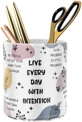 Pen Holder Cute, Pencil Cup, Makeup Brush Holder, Multi-Functional Round Leather Pen Supply Organizer for Teens Adults, Inspiring Words Pattern