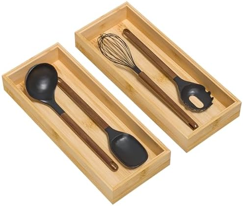 Lixple Bamboo Kitchen Drawer Organizer, 2 Pack, 15" x 6" x 2"