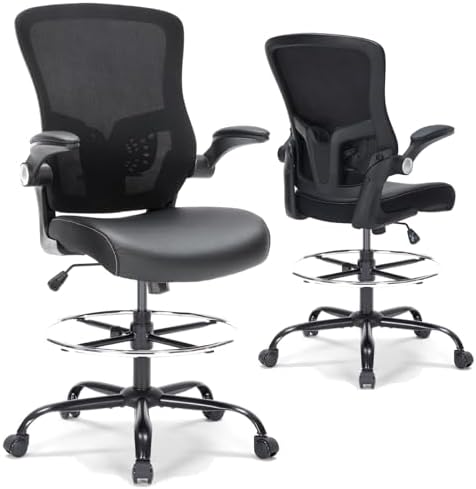 Drafting Chair, Tall Office Chair with PU Leather Seat, Ergonomic Standing Desk Chair with Lumbar Support Counter Height Office Chair with Adjustable Footrest Ring Flip-up Armrests