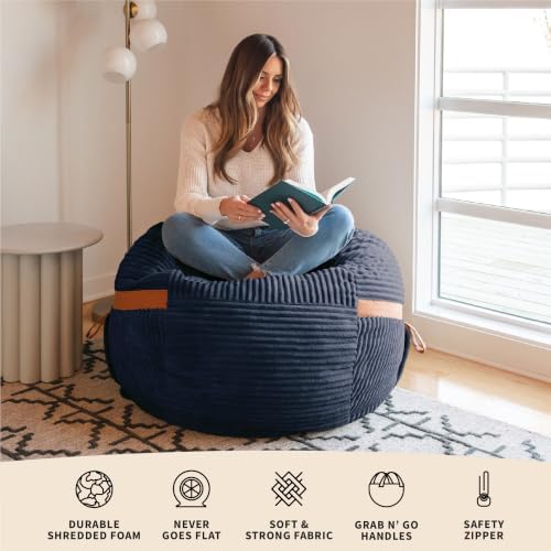 Big Joe Fuf 4Ft Foam Bean Bag Chair with Removable Cover for Kids, Teens, Midnight Blue, Corded Plush, 4 Foot Large Reading and Gaming Seat