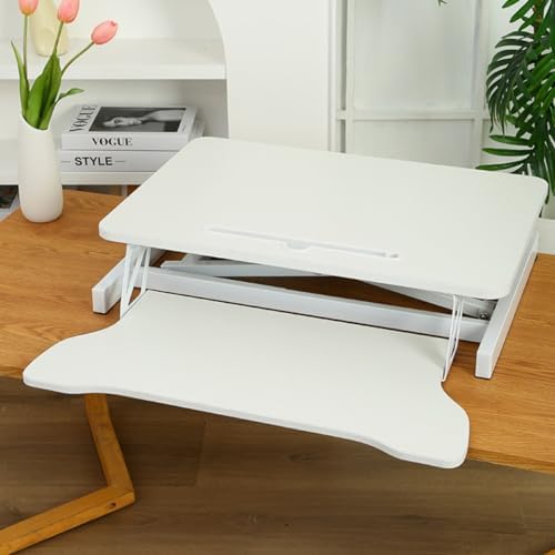 32" Height Adjustable Standing Desk Sit To Stand Converter with Wide Keyboard Tray for Home Office, Stand Up Desk Dual Monitor Riser Workstation with Spacious Tabletop for Laptops/Small Space (White)