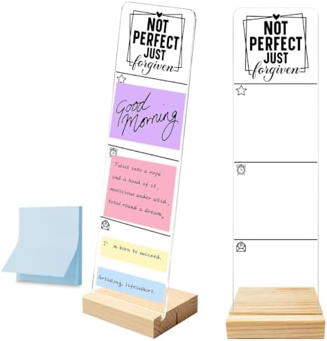 Sticky Note Holder, Monitor Memo Board, Acrylic Post It Note Holder with Wooden Base, Includes 100 Notes, Desk Organizer, Christian Quote “Not Perfect Just Forgiven”