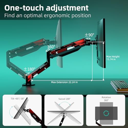 Suptek Monitor Mount Gas Spring Monitor Arm Desk Mount Fully Adjustable Fits 17 20 22 23 24 26 27 32 35 inch Monitors Weight Capacity up to 24.25 lbs, Black&red