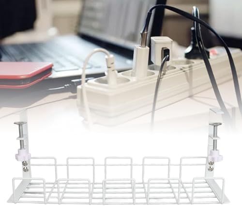 Under Desk Cable Management Tray, Removable Metal Mesh Steel Cord Organizer for Desk, Standing Accessories with Clamp Mount and No Drill for Home Office Standing (White)