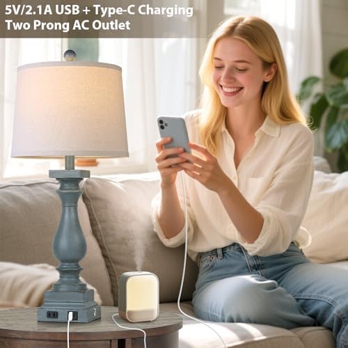 28" Tall Farmhouse Table Lamps Set of 2 with USB C+A Ports and AC Outlet, 3 Way Touch Control Rustic Bedside Lamp for Bedroom, Blue Vintage Nightstand Lamp for Living Room Office