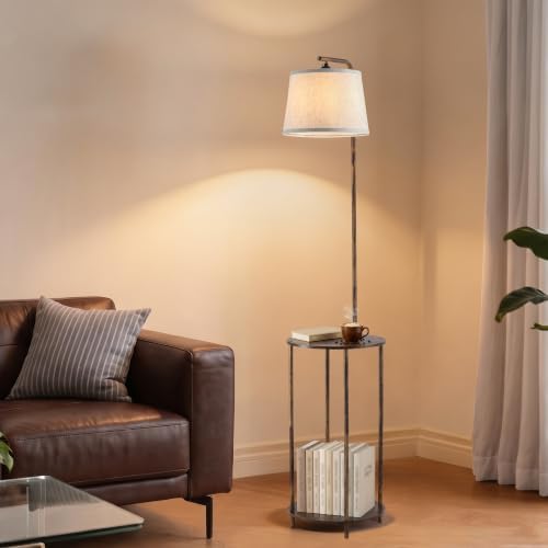 Floor Lamp with Table, 2-in-1 Side Table Floor Lamp with Linen Shade