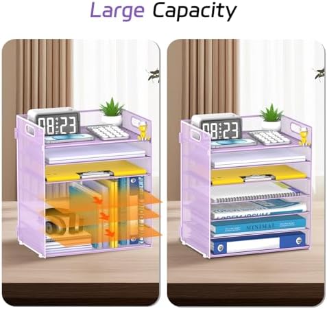 7 Tier Paper Organizer for Desk with Mesh Letter Trays and Handle Purple