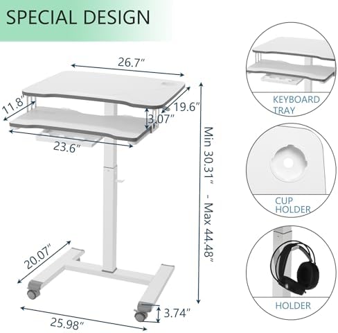 ETHU Mobile Standing Desk with Keyboard Tray on Wheels, White