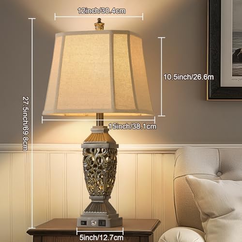 AIDENOEY 27.5“ Farmhouses Table Lamp with USB & USB-C Charging Ports, 3-Color Dimmable & Stepless Bottom Dimming, Touch Control & Switch, Vintage Bedside Lamp for Bedroom Living Room Office,(Brown)