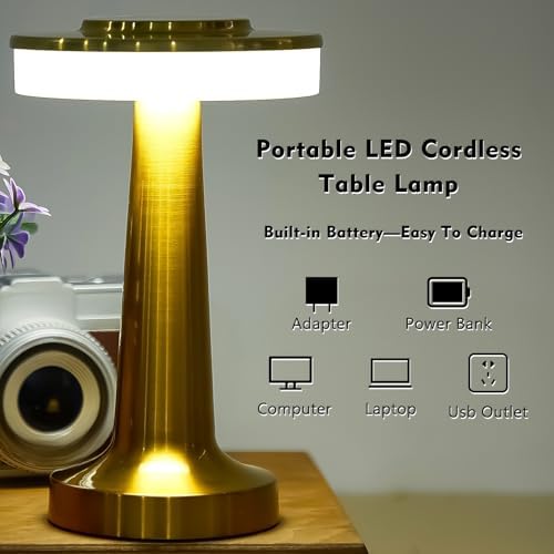 Riakrum 1 Pcs LED Cordless Table Lamp Bulk Rechargeable,Gold
