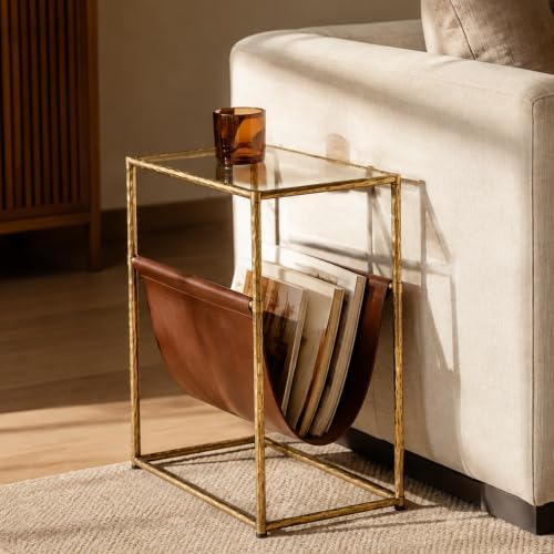 Narrow Side Table with Leather Storage Holder Gold End Table