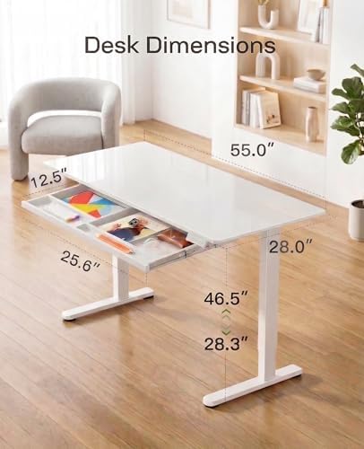 Marsail 55 x 28 inch Glass Standing Desk with 4-Zone Drawer Storage, White