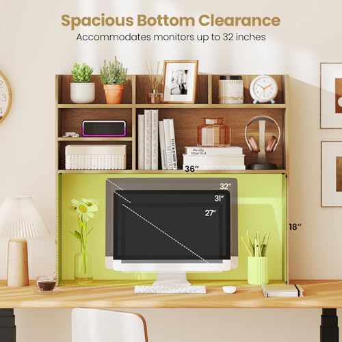 Tangkula Desktop Bookshelf for Computer Up to 32”, 37” Countertop Storage Hutch with 6 Storage Shelves, 3-Tier Desktop Organizer Display Rack, Wooden Desk Hutch for Dorm Home Office (Natural)