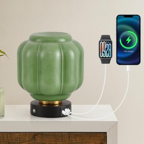 Rechargeable Table Lamp, Cordless Green Glass Bedside Lamp Small
