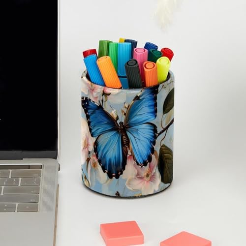 Desk Organizer Pen Holder for Desk, Blue Butterfly on Blossom Pencil Holder, Large Capacity Pen Cup Makeup Brush Holders Desktop Office Supplies Storage Organizer