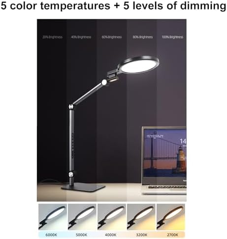 Full Spectrum Eye Care LED Desk Lamp, Foldable 4 Axis Rotation, 5 Colors 5 Brightness Levels, 45Min Timer Dual USB Charging Port for Study Office Reading (US Plug)