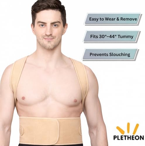 Posture Corrector for Men & Women by Plethon – Adjustable Back Brace, Clavicle Support & Upper Back Straightener for Better Sitting and Standing Posture, Fits 30–46 Inch Waist (Beige)