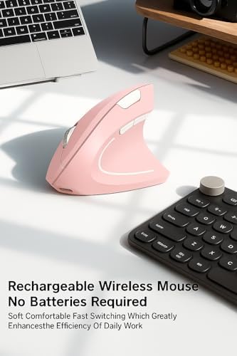 Ergonomic Vertical Wireless Mouse Stylish Rechargeable 2.4G Optical Mice Cordless Mouse with USB Receiver, 800/1200 /1600 DPI, 5 Buttons for Laptop,PC,Mac,Computer (Pink)