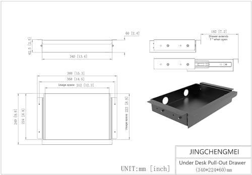 Under Desk Mounted Sliding Pull-out Drawer, W 15.3" x D 8.8"