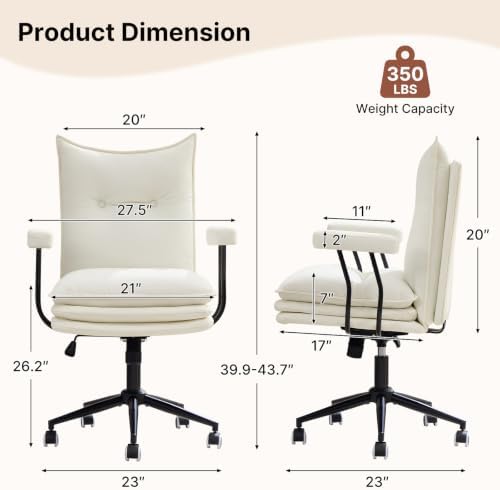 Leather Office Chair,Detachable Armrests,360°Swivel Mid Century Modern