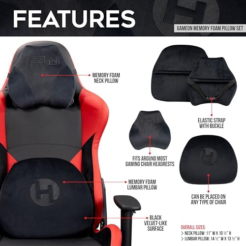 Techni Sport- GameON- Memory Foam Neck & Lumbar Pillow Set for Gaming Chair, Gaming Setup, Gaming Accessories (Black)
