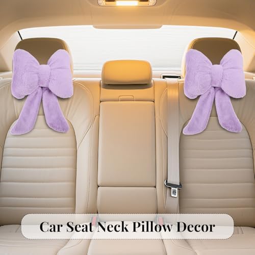 Bow Car Headrest Pillows Plush Car Neck Pillows for Travel Driving Office Chair Head Support Cushions, Also Cute Car Decor Accessories (2PCS Purple)