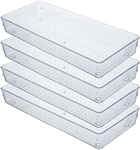 Kingrol 4-Pack Clear Drawer Organizer Bins, 15 x 6 x 2 Inch Desk & Kitchen Drawer Dividers for Utensils, Makeup, Jewelry, Office, Craft Supplies - Durable & Non-Slip Storage Containers