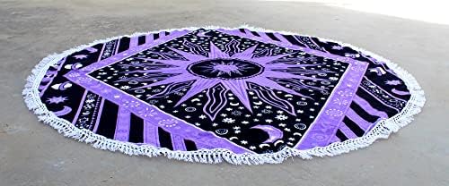 Round Beach Tapestry Turquoise Mandala Throw/Boho Hippie Beach Blanket Roundie/Indian Cotton Bohemian Large Round Table Cloth-Home Decor/Yoga Mat Meditation Picnic Rug (70", Purple)