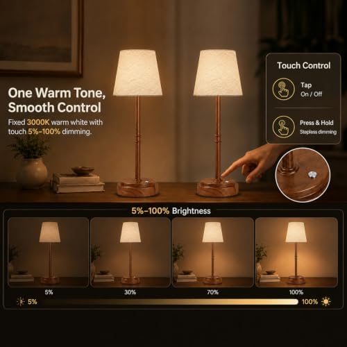 Cordless Table Lamps 2 Pack, Rechargeable Battery Operated Lamps, Wood