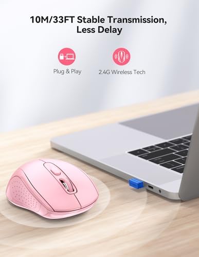 TECKNET Wireless Mouse for Laptop,4800 DPI,Silent Mouse with 6 Buttons Pink